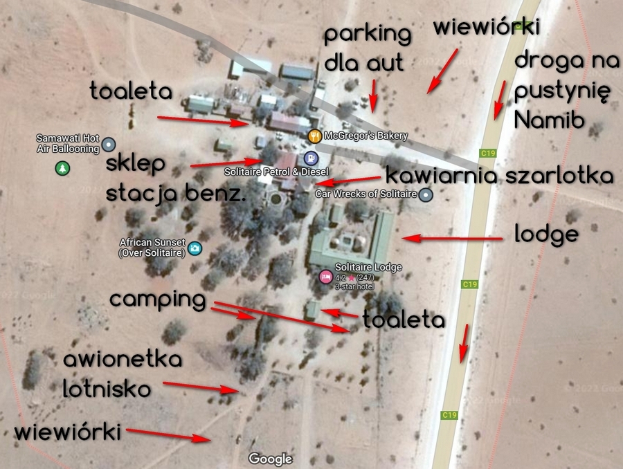 Solitaire, plan osady. (Zdjęcie do planu: Google Maps)