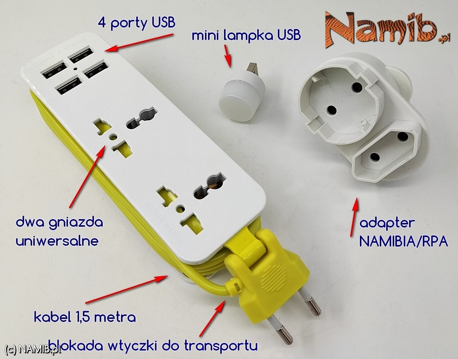 Namibia/RPA - adapter 220V 2 gniazda + przedłużacz z 2 gniazdami i 4 portami USB + mini lampka USB